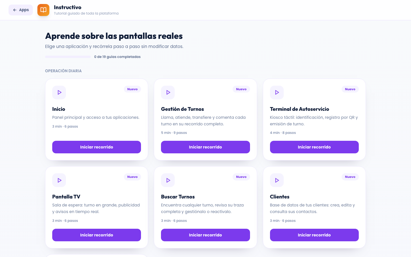 Interfaz de Instructivo: la guía integrada en la plataforma en Kiuu