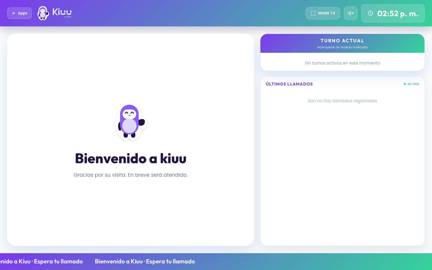 Interfaz de Pantalla TV: el llamado en la sala de espera en Kiuu