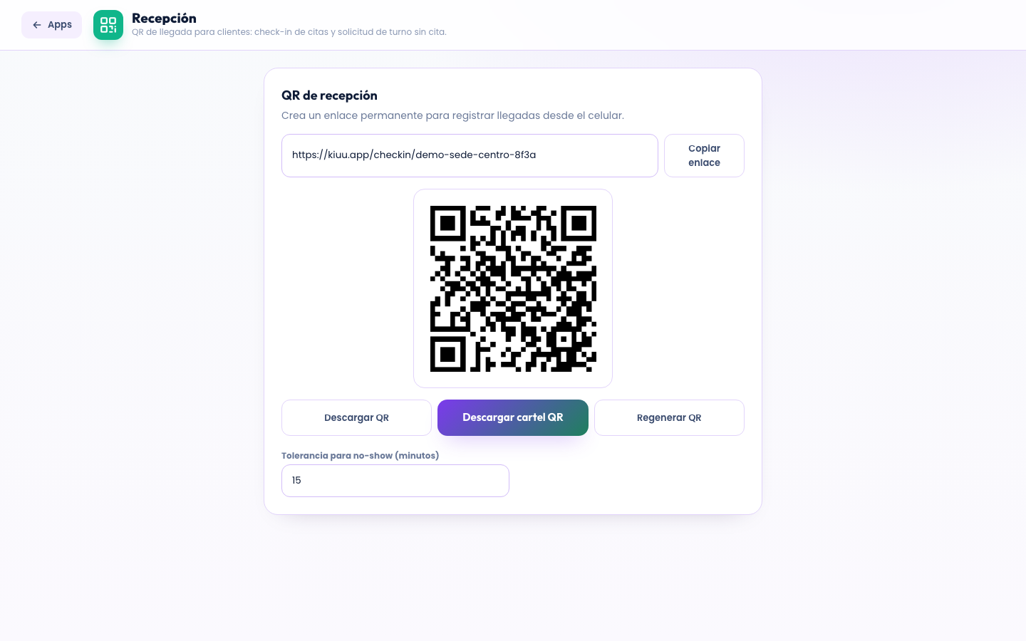 Interfaz de Recepción: el QR de llegada de tu sede en Kiuu