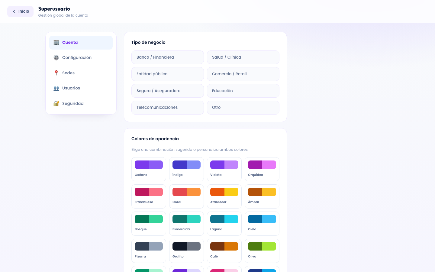 Interfaz de Configuración de la cuenta (Superusuario) en Kiuu