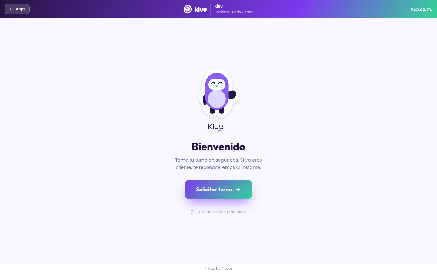 Interfaz de Terminal de Autoservicio: el kiosco para tomar turno en Kiuu